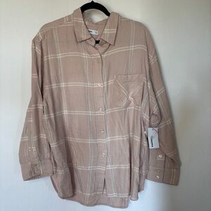 Sonoma PXXL Pink White Plaid Flannel Oversized Button Up long Sleeve Shirt NWT